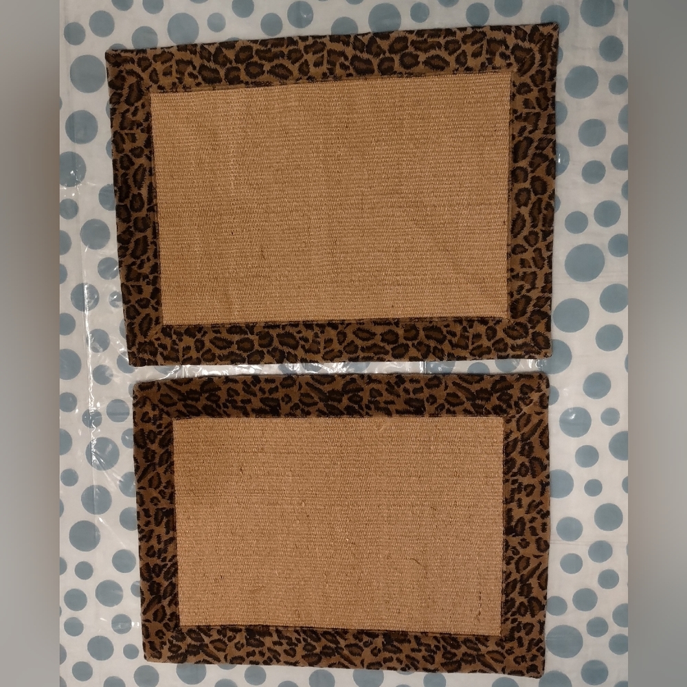2 Vintage Leopard Velour and Jute Placemats Table Mats